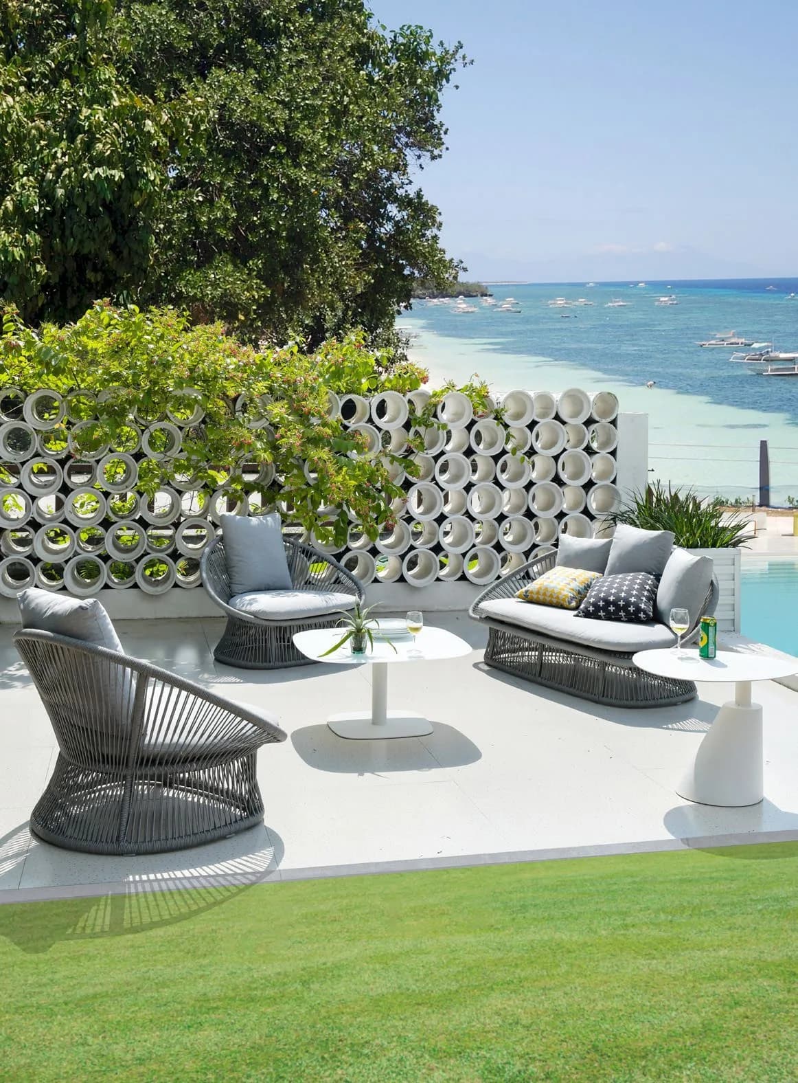 Rope lounge seating arranged for an outdoor hospitality setting